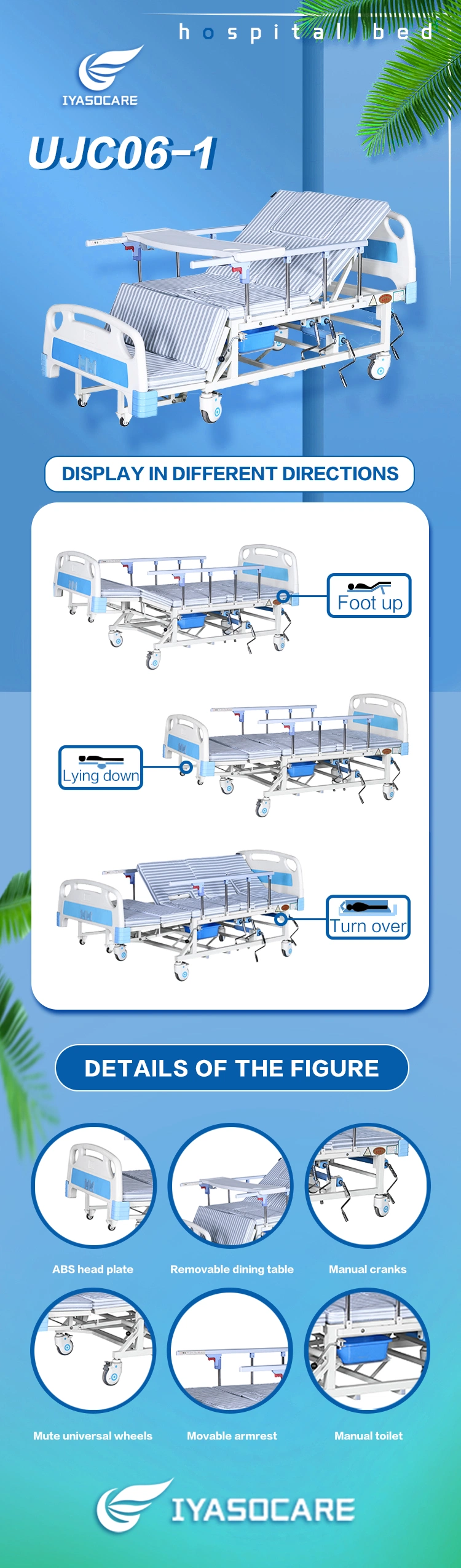 4 Cranks 3 Function Home Care Manual Medical Beds with Toilet